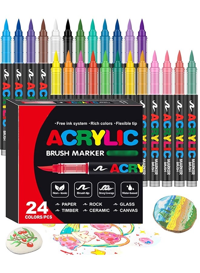 مجموعة أقلام تلوين أكريليك بـ ٢٤ لونًا، برأس ناعم، عديمة الرائحة، قابلة للتكديس، أقلام رسم سلسة التدفق للطلاب والفنانين، أقلام سريعة الجفاف ومقاومة للماء للرسم على القماش، والصخور، والخشب، والحجر، والزجاج، والسيراميك، والأقمشة، والأعمال اليدوية. - Image 1